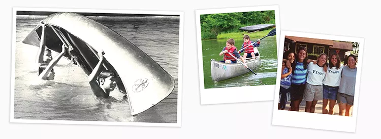 Y Camp history: boys canoeing then and now, a group of counselors smiling