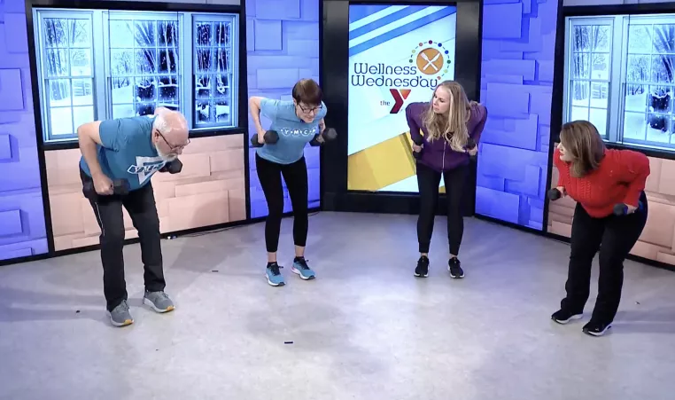 YMCA Instructors and a member demonstrating the Active Older Adults class on Hello Iowa's Wellness Wednesday