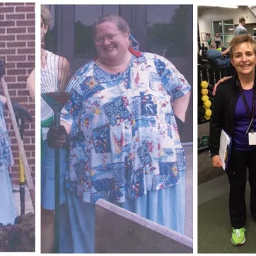 three photos showing weight loss transformation of a woman